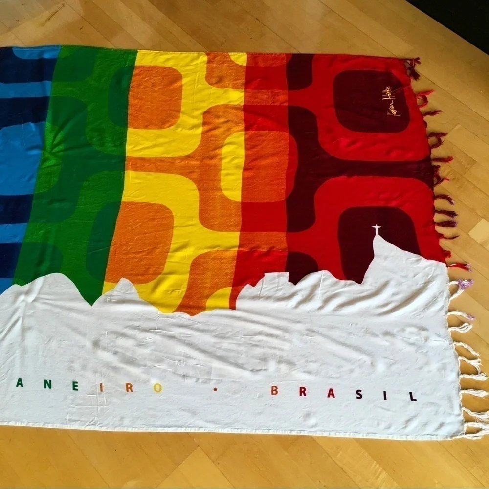 Colorful, Rainbow, Art Deco, Pashmina Style Fringe Wrap Scarf from Brazil
